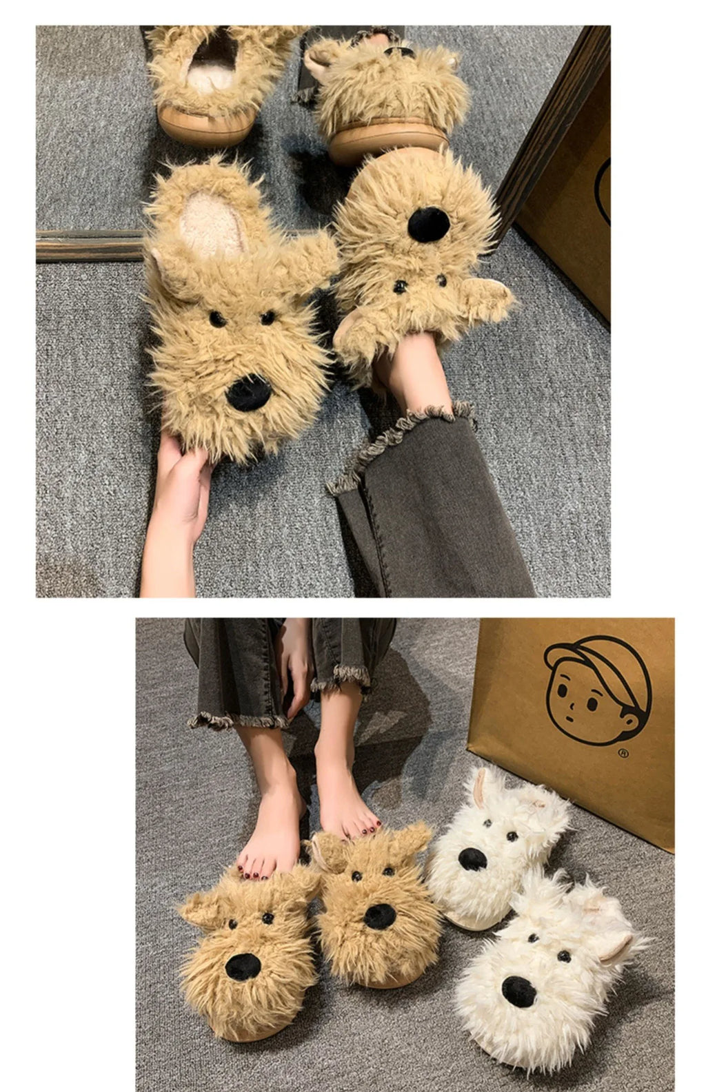 Chaussons Chien Cartoon Plush Hiver Femme – Coton Chaud Non-Slip Intérieur Maison