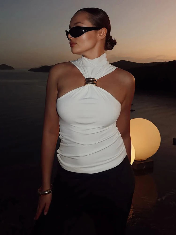 Top Débardeur Femme Nœud Métal Plissé Sans Manches Stretch Slim – Casual Streetwear Polyvalent | Été