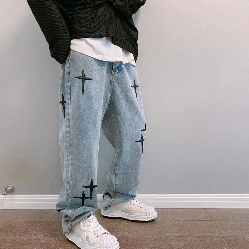 Jean Homme Imprimé Baggy Wide Leg Style Coréen K-Fashion Streetwear Cargo Droit Casual Loose Denim Tendance Urbain – Jean Baggy Premium K-Fashion | Mode Homme Streetwear K-Fashion Premium