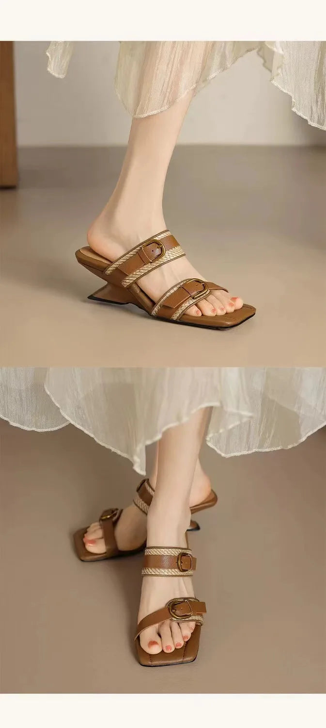 Wedges Vintage Tressé Bout Carré Femme – Boucle Ceinture Bout Ouvert Talon Haut Été