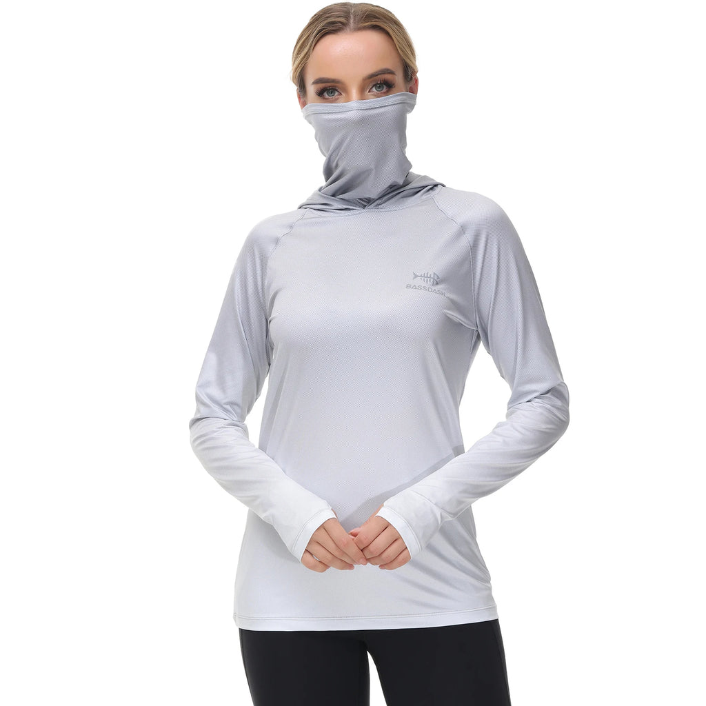 Bassdash Hoodie Anti-UV UPF 50+ Damen – Integrierte Gesichtsbedeckung & Daumenlöcher | Schnelltrocknend & Atmungsaktiv | Angeln, Wandern & Radfahren