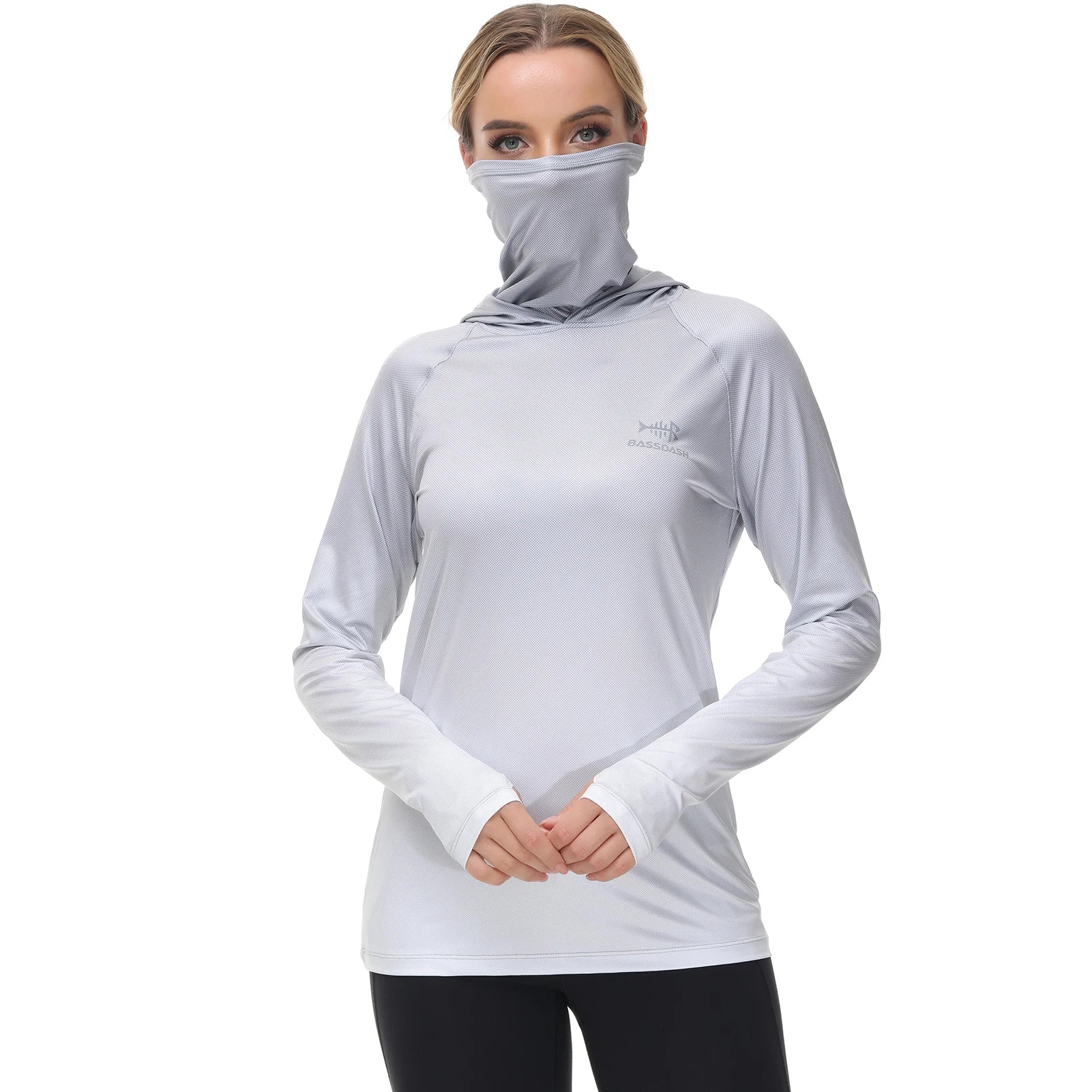 Bassdash Hoodie Anti-UV UPF 50+ Femme – Cache-Visage Intégré & Pouces | Séchage Rapide & Respirant | Pêche, Randonnée & Vélo