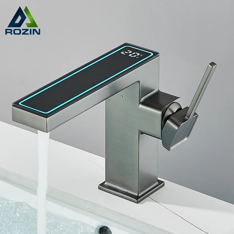 Robinet Lavabo Digital LED Gris – Affichage Température, Lumière LED, Mitigeur Eau Chaude & Froide | Salle de Bain High-Tech
