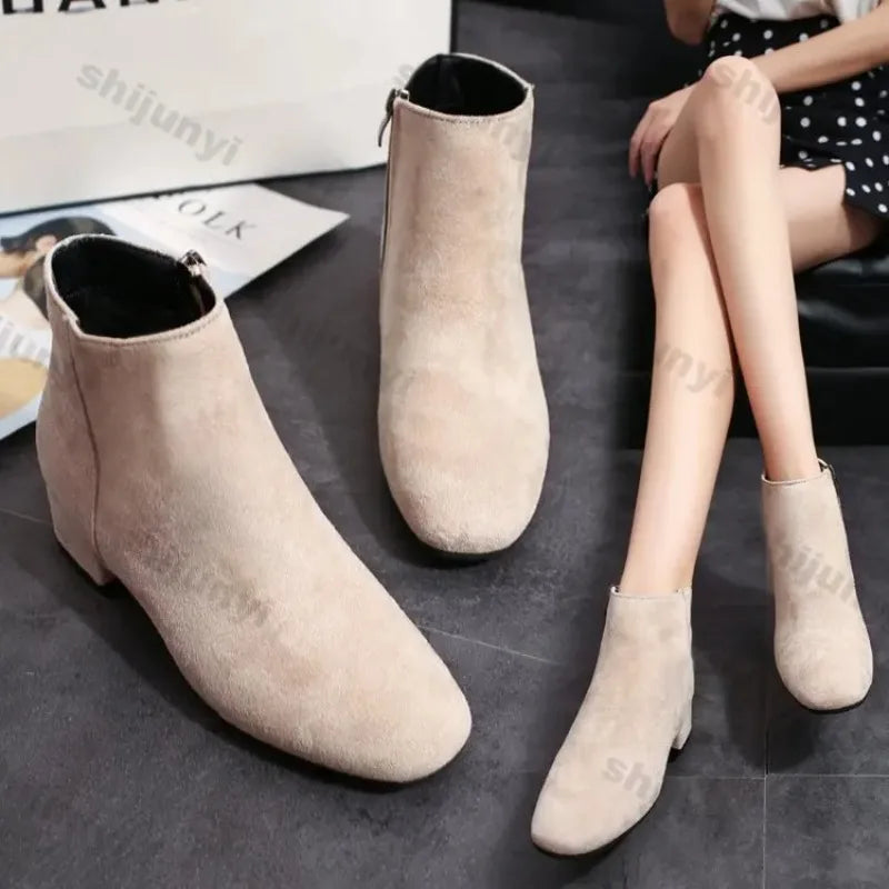 Bottines Suède Chunky Heel Snow Goth Femme – Mi-Talon Tendance Walking Élégant Automne
