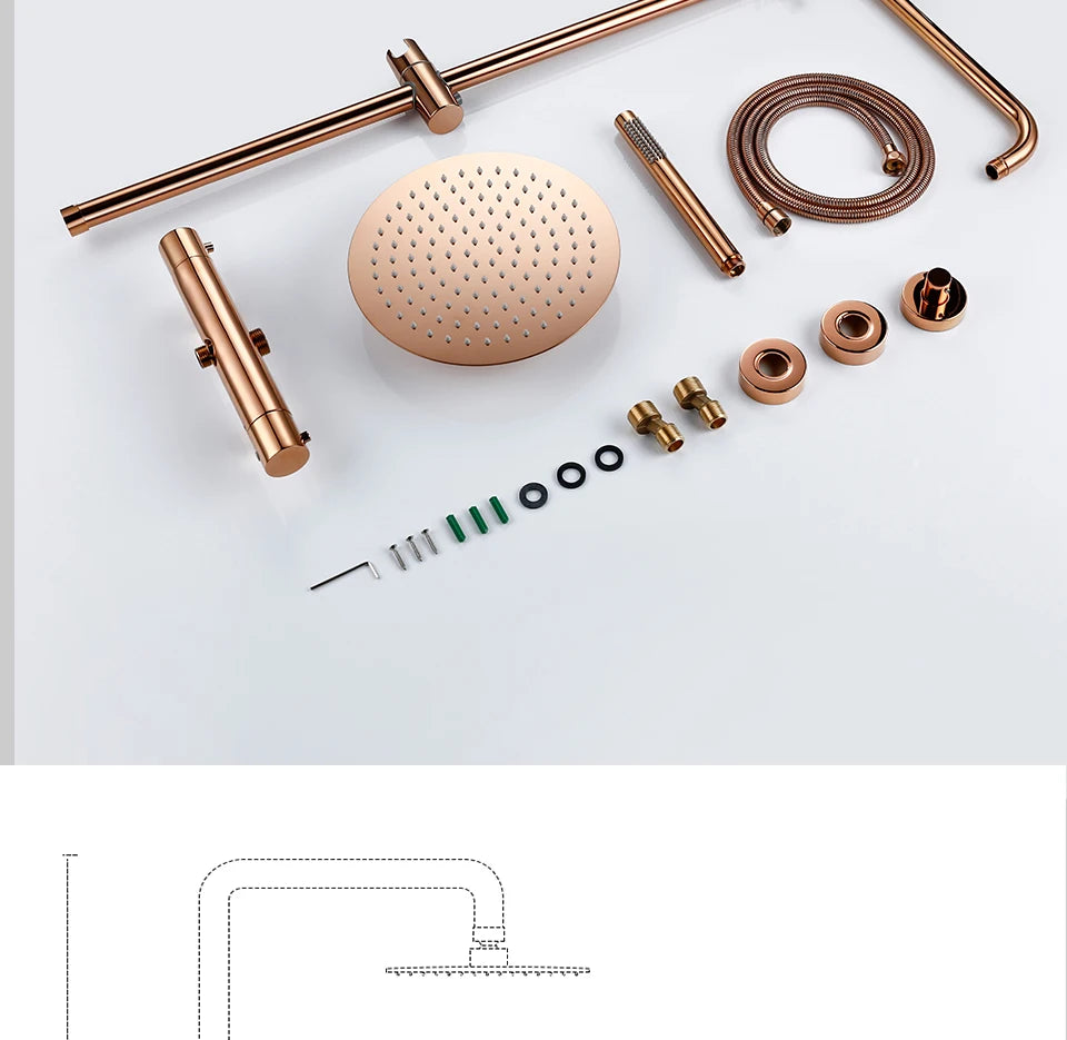 Ensemble Douche Thermostatique Mural Rose Gold – Laiton, Pommeau Pluie & Mitigeur | Système Douche Luxe Salle de Bain