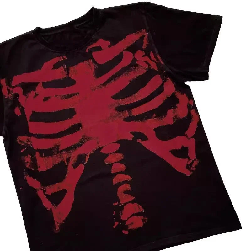 T-Shirt Homme Crâne Noir Rouge Dark Goth Y2K Shibuya Manches Courtes Imprimé Graphique Streetwear – Tee Absurde Tendance | Mode Homme Goth Urban