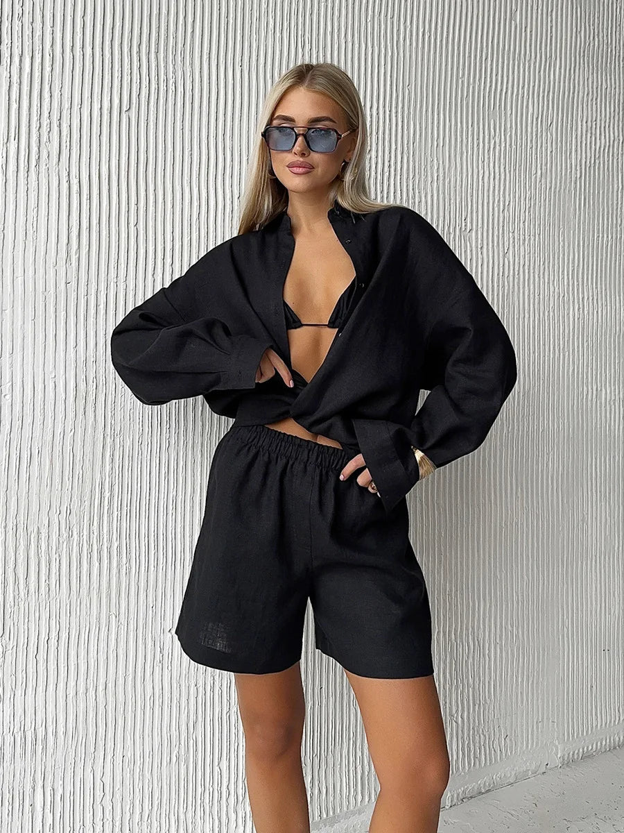 Damen-Zweiteiler aus Baumwolle, legeres Reverskragenhemd mit langen Ärmeln und Hose mit elastischem Bund, einfarbig, bequem – Sommer-Outfit | Bornladies