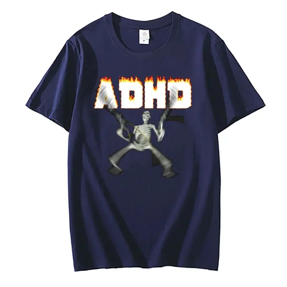 T-Shirt Squelette ADHD Meme Unisexe – Vintage Humour Horror Skull Oversize Hip Hop Été Homme & Femme | Streetwear Funny