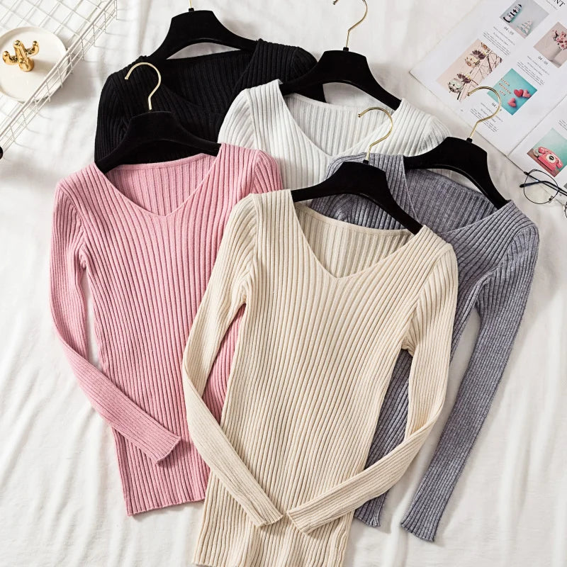 Pull Femme Col V Tricoté Manches Longues Casual Uni Basique – Sweater Chaud Confortable Automne Hiver | Mode Intemporelle