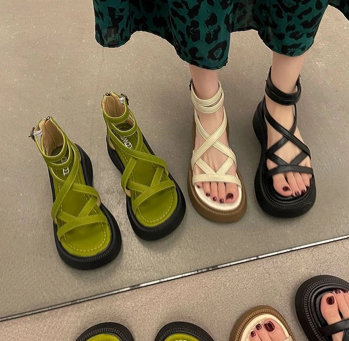 Grüne Römische Sandalen Mittelhoher Absatz Plateau Reißverschluss 2025 – Atmungsaktiv Mode Sommer