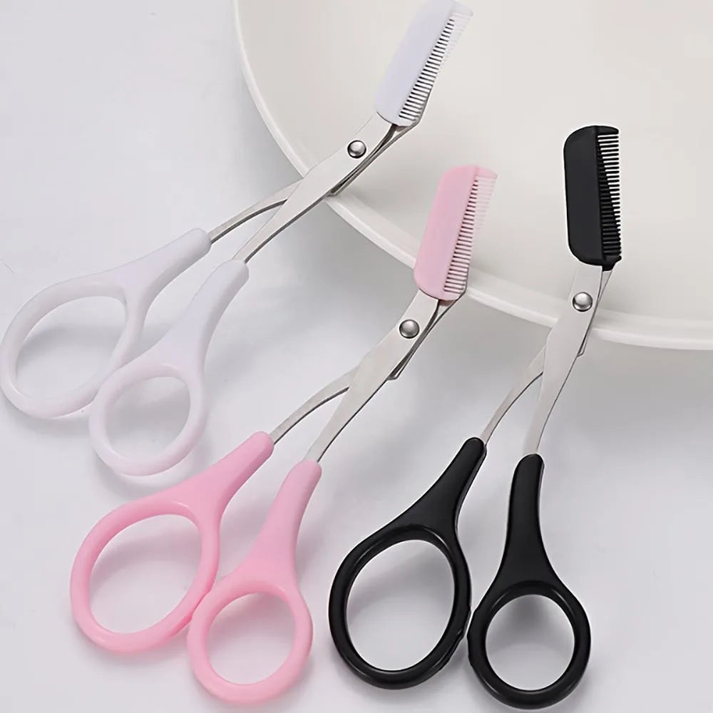 Ciseaux Sourcils Inox avec Peigne Intégré – Taille Précise & Sourcils Parfaits | Rose, Blanc & Noir | Outil Beauté Grooming