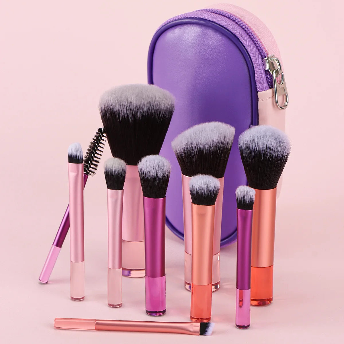 Set 10 Mini Pinceaux Maquillage Manche Crystal – Voyage Friendly avec Pochette | Pinceaux Yeux & Fond de Teint Débutantes