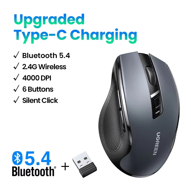 UGREEN Souris Sans Fil Ergonomique – Bluetooth 5.0 & 2.4G, 4000 DPI, 6 Boutons Silencieux | MacBook, PC & Tablette