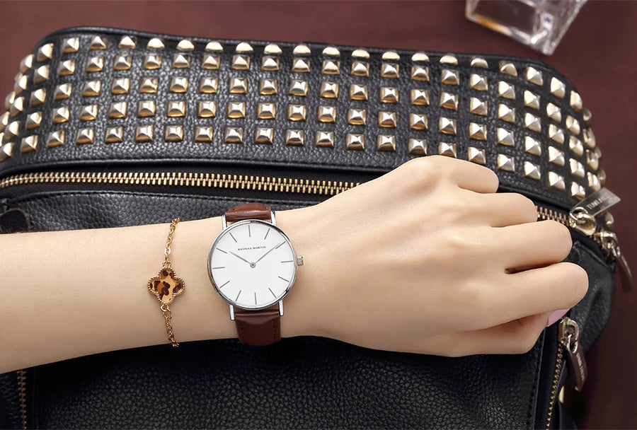 Montre Femme Luxe HANNAH MARTIN Ultra-Fine 36mm Cuir Or Rose – Étanche Élégante Fashion