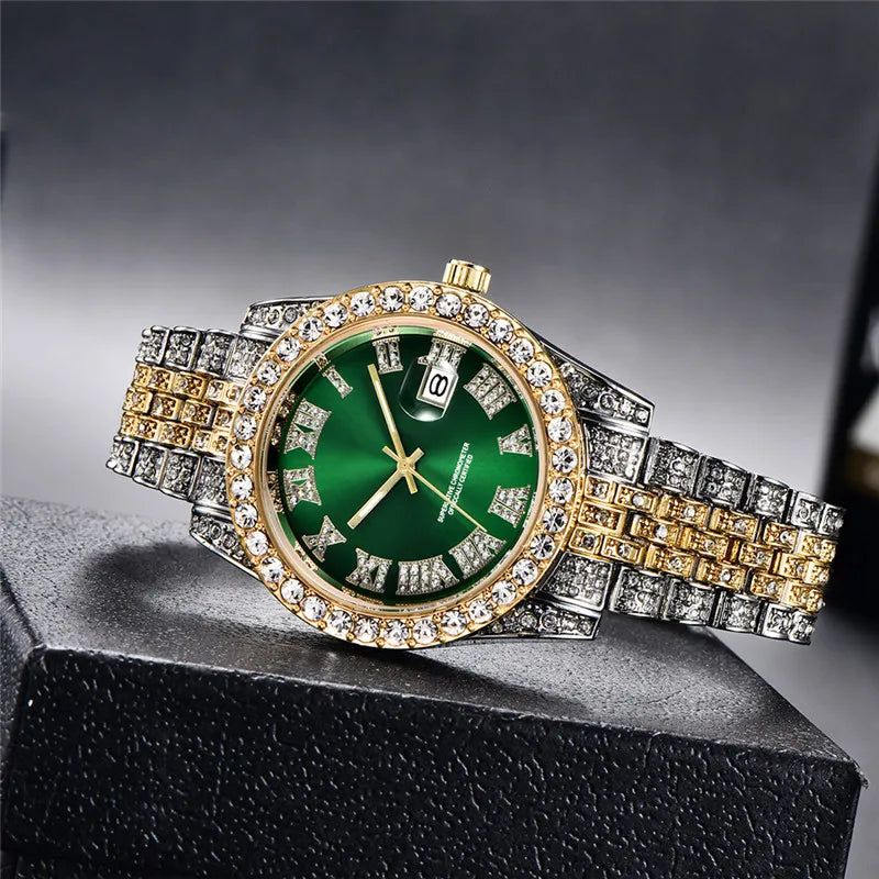Montre Homme Hip Hop Diamant Fashion Bracelet Alliage Dorée Luxe Date Quartz Tendance Streetwear Bling | Montre Hip Hop Diamant Dorée Premium