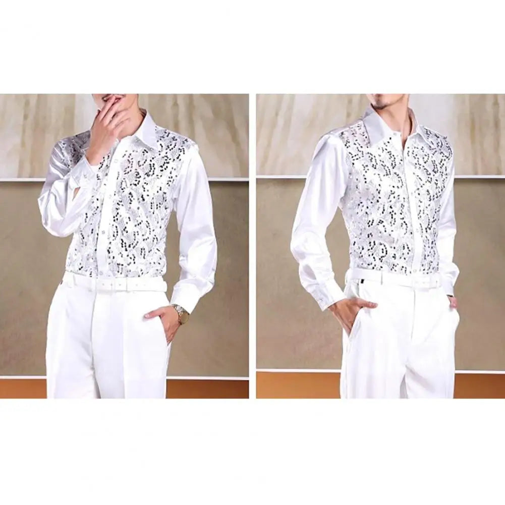 Chemise Homme Luxe Paillettes Scène Mariage Manches Longues Boutonnage Simple – Tenue Formelle Casual Élégante Brillante | Mode Homme Premium
