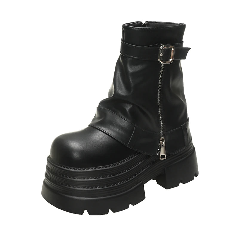 Bottines Cuir Femme 10CM Chunky Platform – Combat Boots Punk Moto Non-Slip Automne Hiver