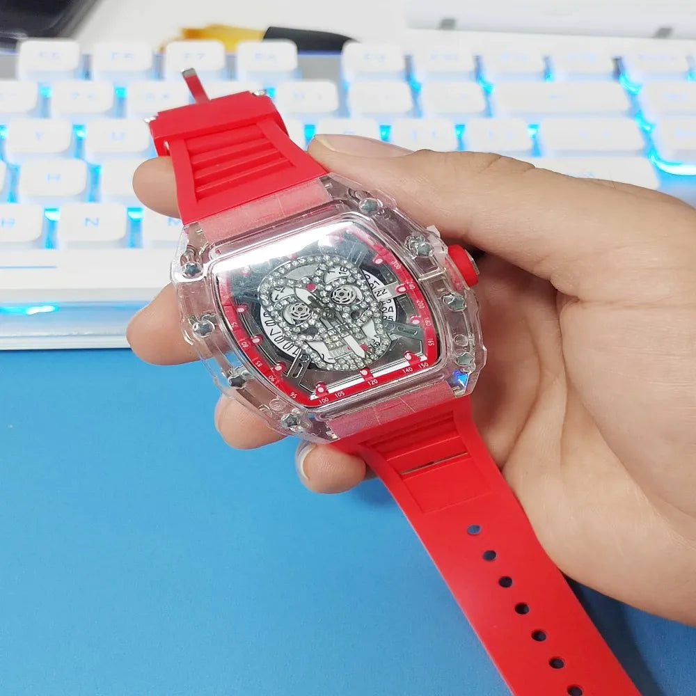 Montre Homme Skull Tête de Mort Automatique Transparente – Quartz Luxe Waterproof Fashion