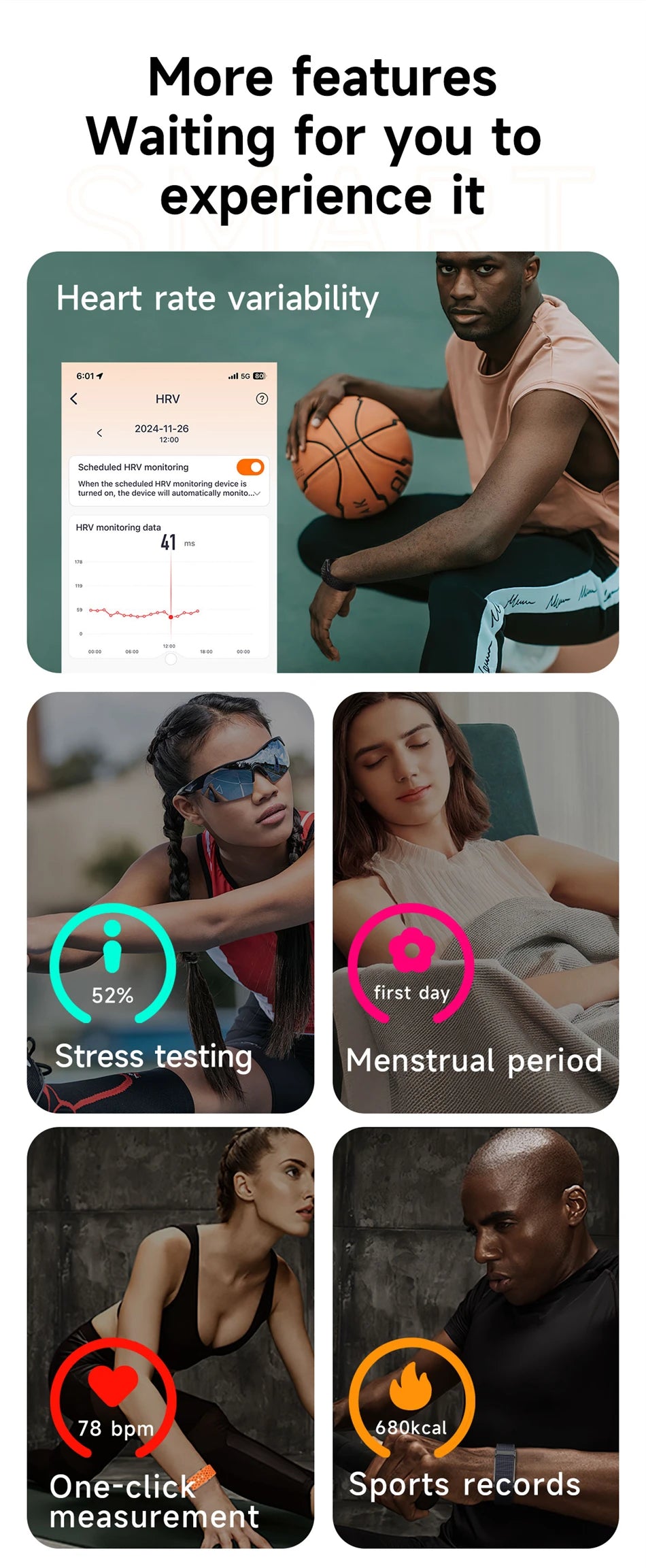 Bracelet Connecté Sport & Santé – Suivi Continu 24h/24 | Sommeil, Stress & Multi-Sport | Monitoring Santé Automatique
