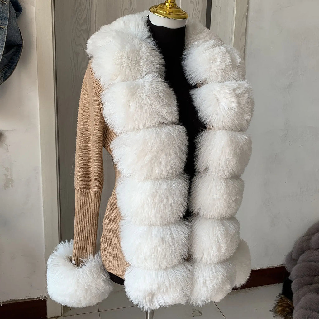 Damen Cardigan Strick Kragen Kunstpelz Fuchs Elegant – Chic & Luxuriöser Pullover Mantel | Frühling Herbst