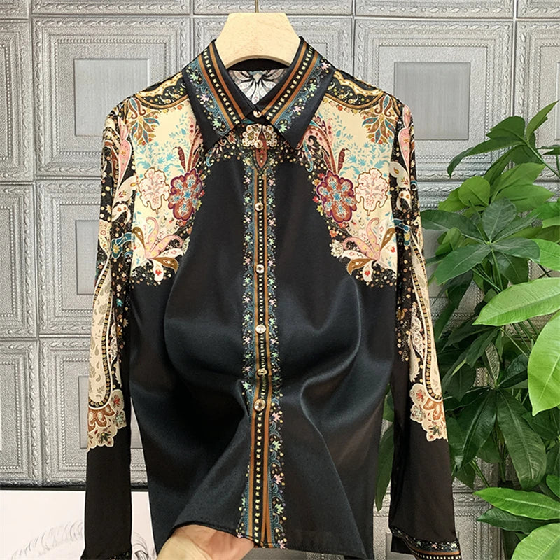 Chemisier Femme Vintage Imprimé Luxe Manches Longues Slim Élégant – Blouse Casual Chic | Automne S-3XL