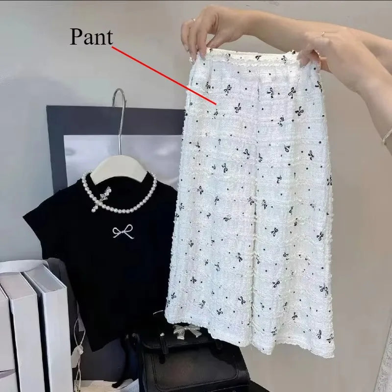 T-Shirt Nœud Style Coréen Fille + Pantalon Large – Tenue Été Tendance Enfant 2-8 Ans