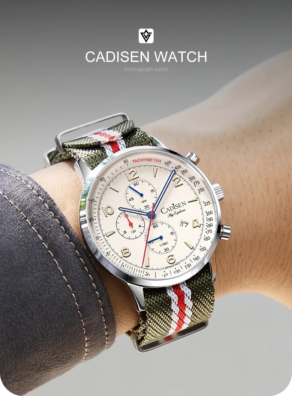 Montre Homme Luxe CADISEN Chronographe Quartz Japonais MIYOTA Bracelet Toile – Étanche Fashion