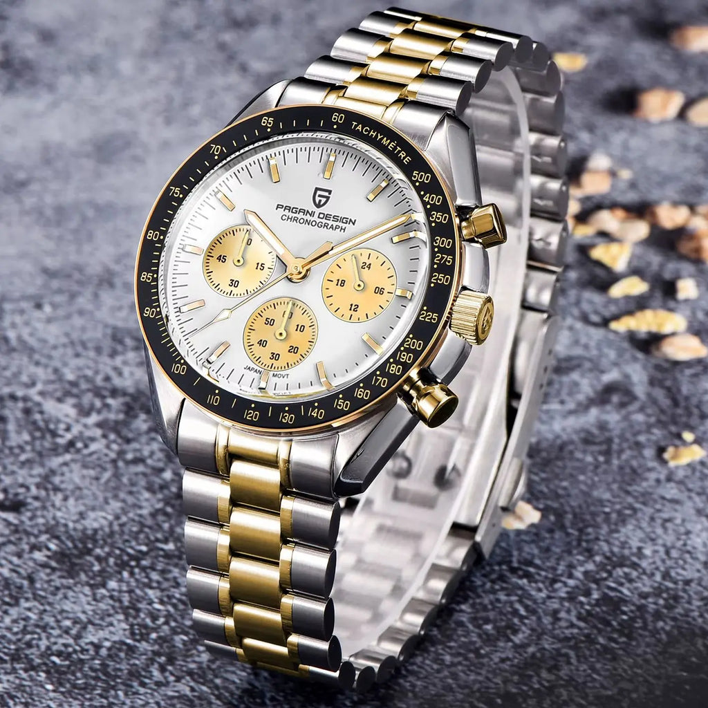 Montre Homme PAGANI DESIGN 2025 Lune Or Argent Quartz – Chronographe Saphir AR Date Auto