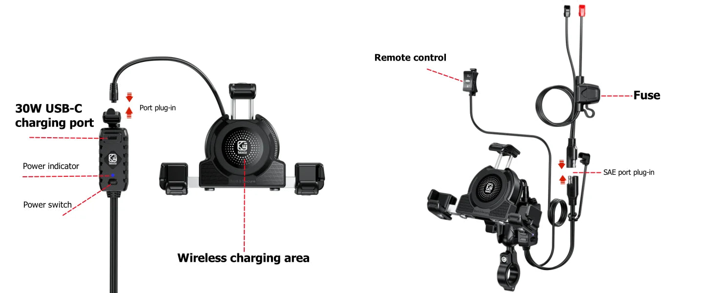 Support Téléphone Moto Chargeur Sans Fil 15W + USB-C 36W – Anti-Vol Anti-Vibration Guidon