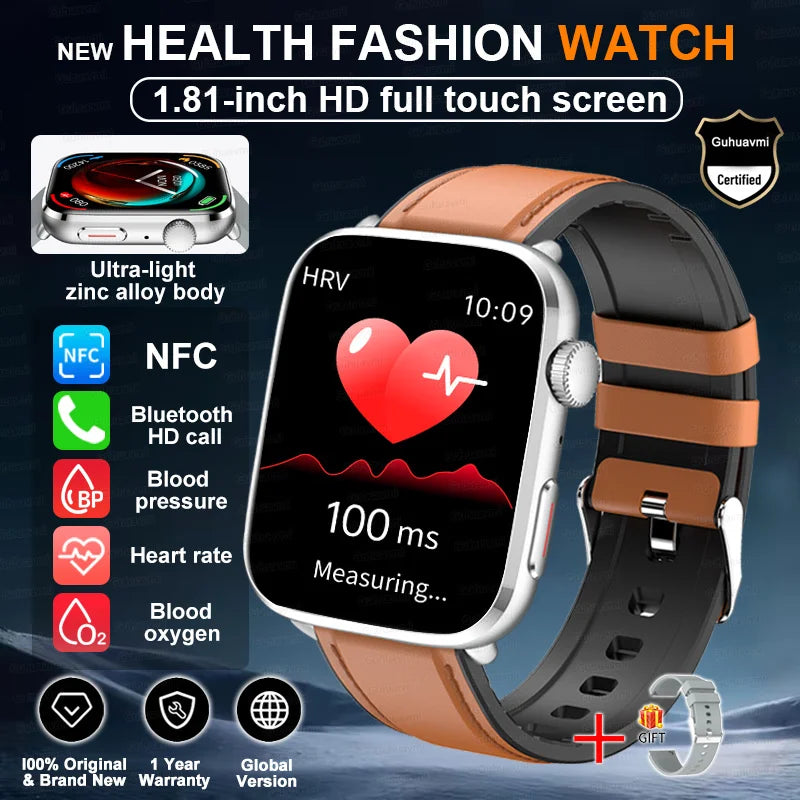 Smartwatch 2025 Unisex Gesundheit NFC Bluetooth – Blutdruck Sauerstoff Sport Anrufe | Herren & Damen