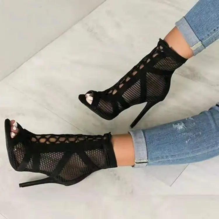 Sandales Mesh Cross Strap Peep Toe Talon Haut – Sexy Noir Dentelle Lacets Pumps Casual