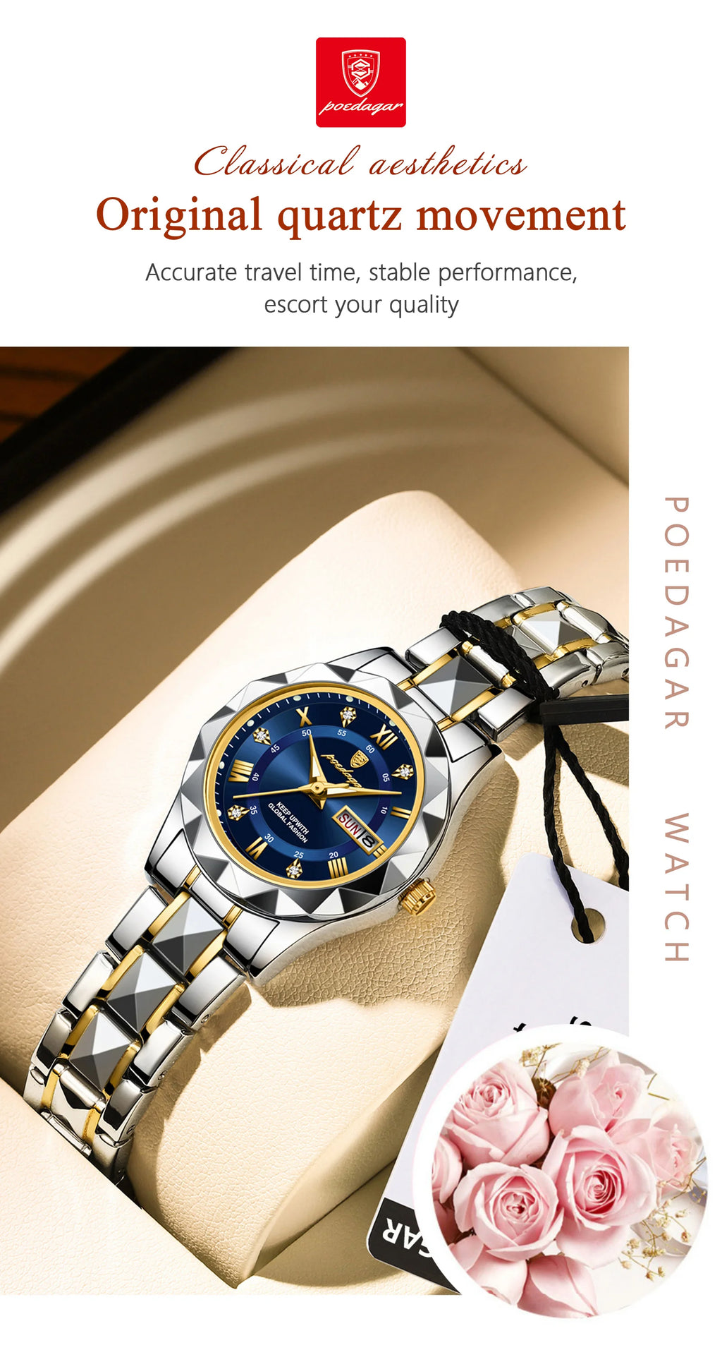 Montre Femme POEDAGAR Élégante Luxe Quartz – Lumineuse Étanche Semaine Date Acier Fashion