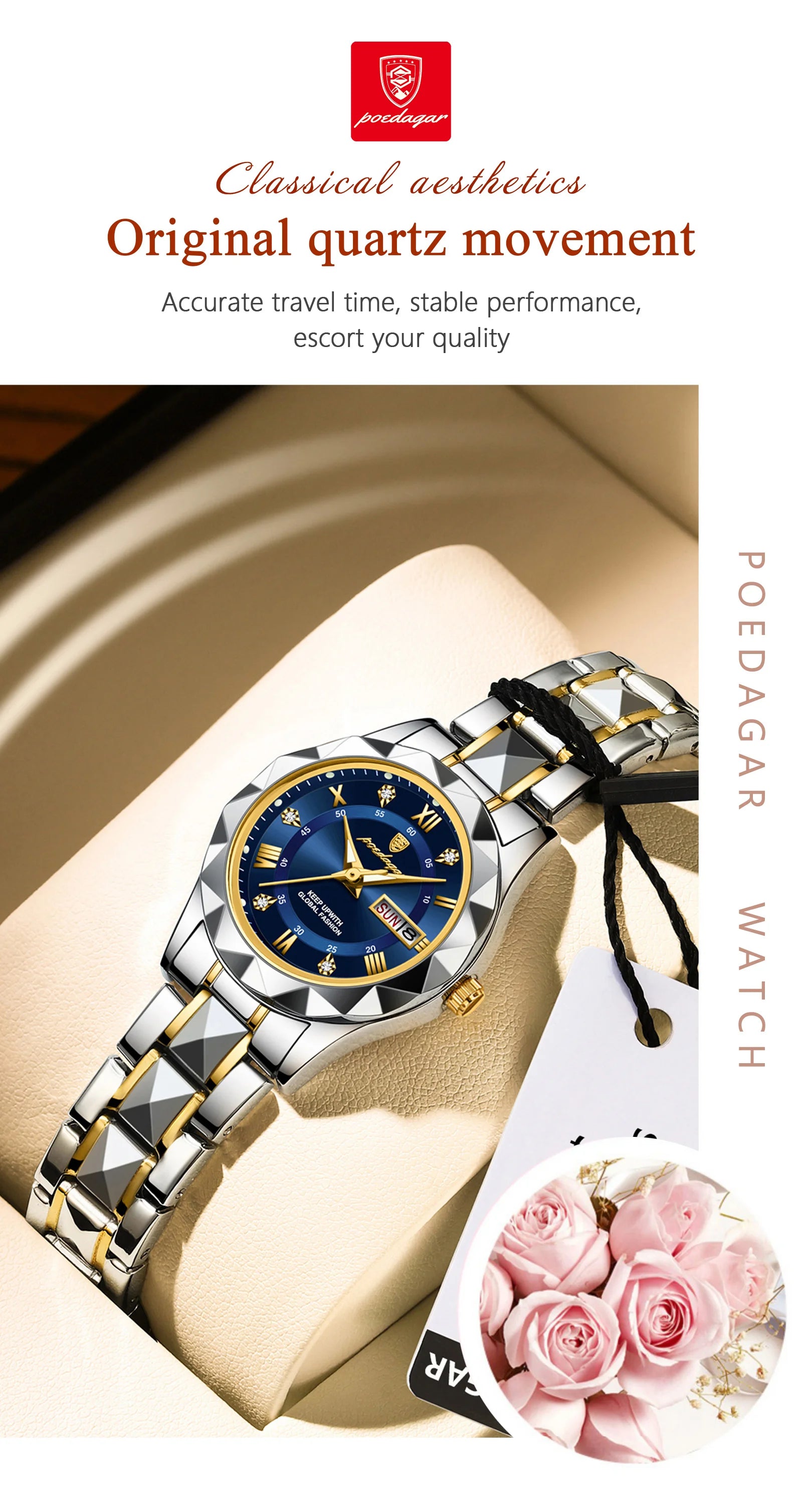 Montre Femme POEDAGAR Élégante Luxe Quartz – Lumineuse Étanche Semaine Date Acier Fashion