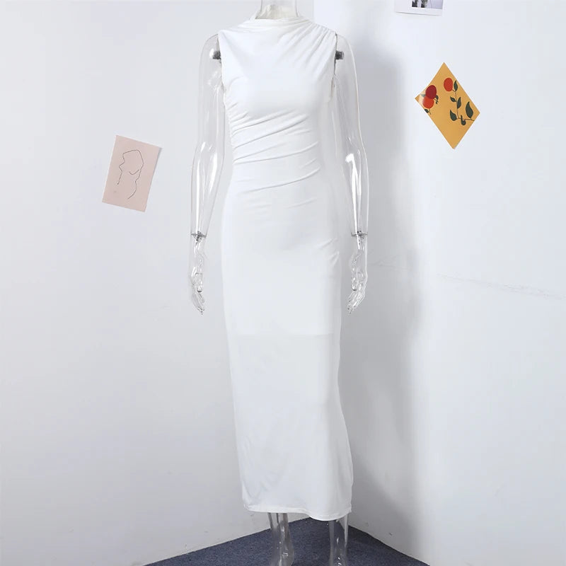 Damen Maxikleid Weiß Plissiert Ärmellos Rundhals – Schlank Machend Elegant | Sommerabend