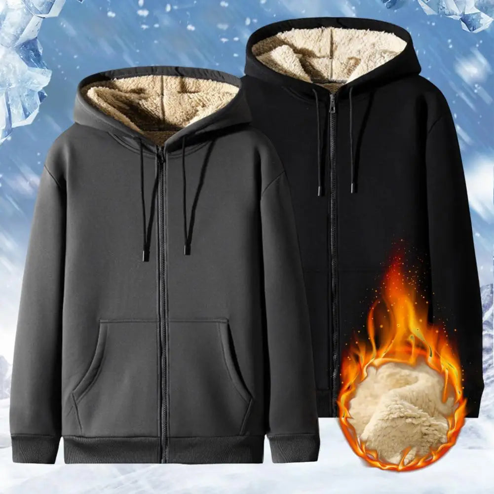 Unisex-Kapuzenstrickjacke aus Lammwolle, gefüttert mit Plüsch, Reißverschluss, Vordertaschen, warm für den Winter, einfarbig | Premium Hoodie aus Lammwolle