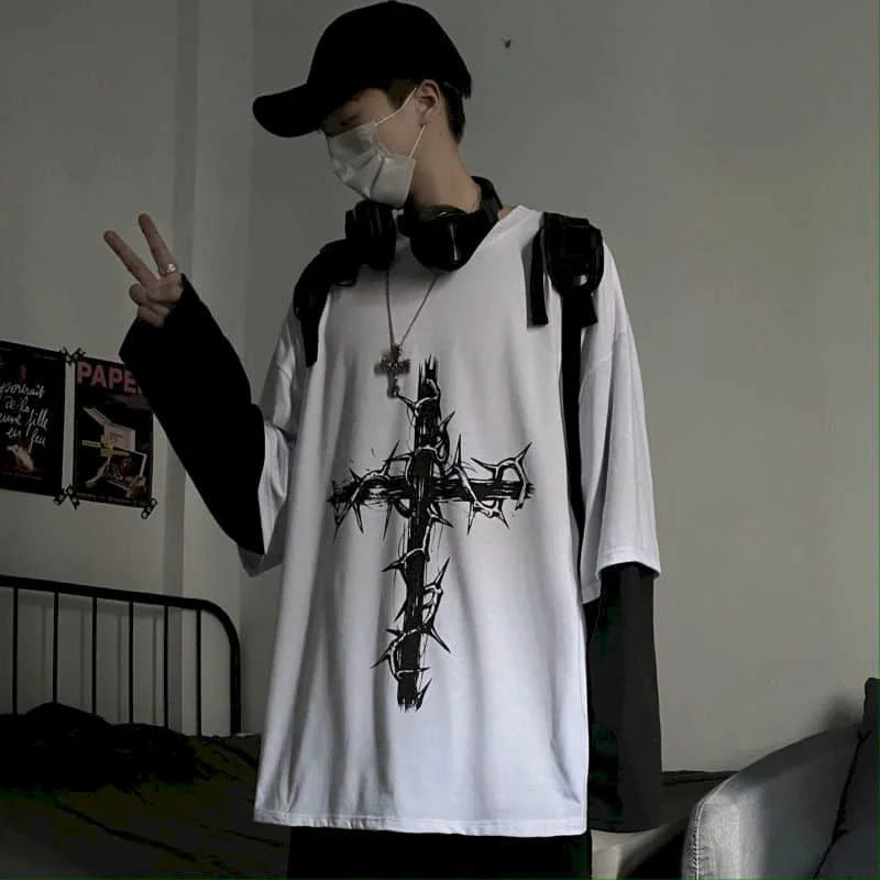 T-Shirt Homme Oversize Manches Longues Croix d'Épines Dark Hip-Hop Y2K Gothic Streetwear Été Tendance – Tee Graphique Dark Aesthetic Unisexe | Mode Streetwear Premium