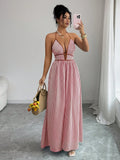 Gestreeptes Maxikleid mit tiefem Halter-Ausschnitt – Premium Urlaubs- & Strand-Style