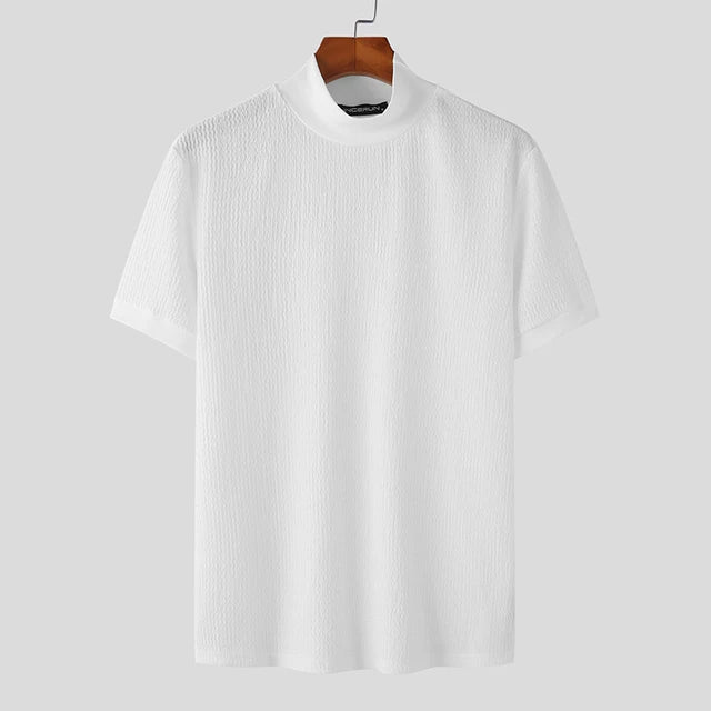 T-Shirt Homme Moulant Col Haut Texturé Couleur Unie Manches Courtes Style Coréen K-Fashion Streetwear Casual Été | Tee Shirt Col Haut K-Fashion Premium