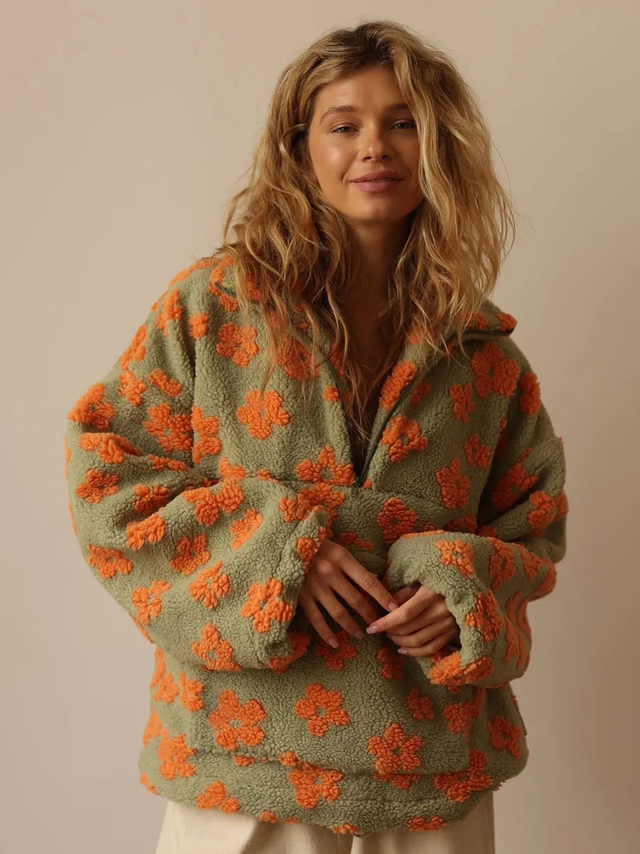 Sweat Femme Sherpa Floral Demi-Zip Ample Chaud – Pull Douillet & Tendance | Automne Hiver