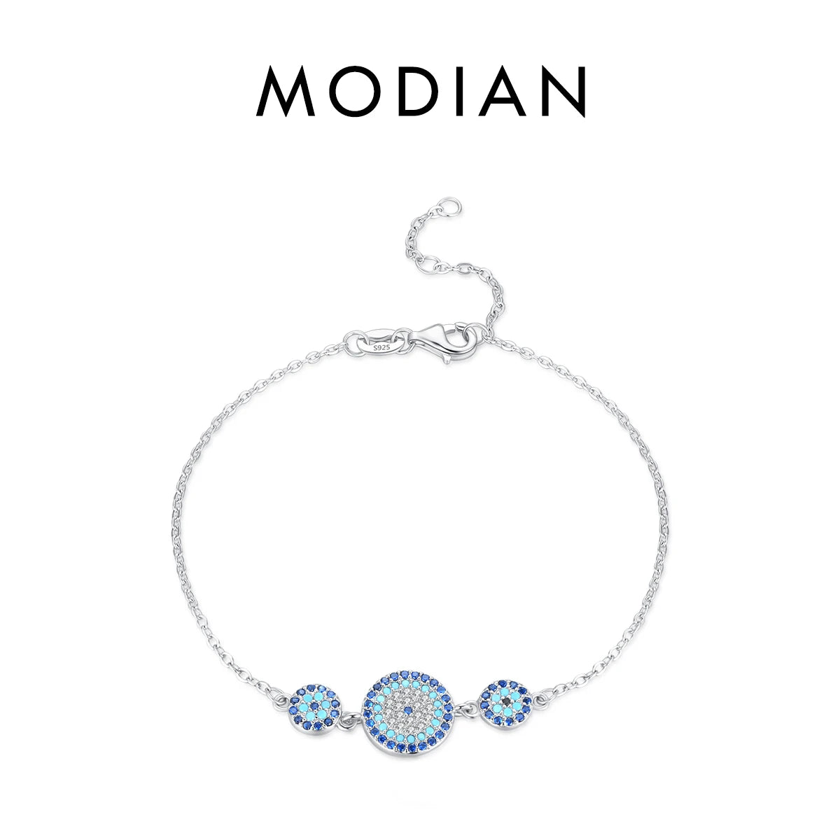 Bracelet Argent 925 Pur MODIAN Luxe – Yeux Turquoise Bleu & Zircon Cubique Cristal Transparent | Bijou Fin Femme Chaîne Maille Élégante & Hypoallergénique