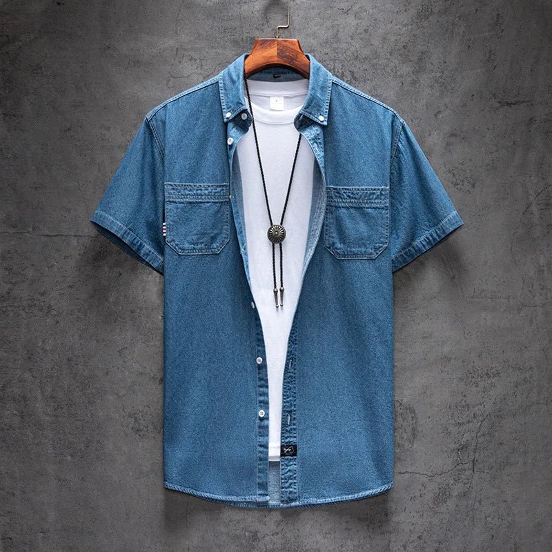 Chemise Jean Bleu Homme Manches Courtes 2023 – Coton Qualité Premium Été Plus Size M-4XL