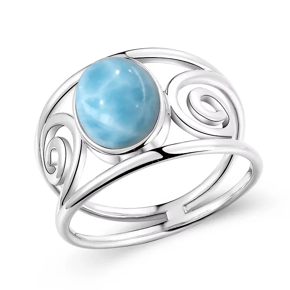 Bague Argent 925 Pierre Larimar Naturelle Vintage – Forme Fleur Ronde Bleu Ciel & Eau de Mer | Bijou Fin Unisexe Pierre Rare des Caraïbes & Cadeau Premium
