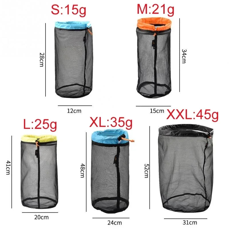 Ultraleichter Nylon-Netzbeutel mit Kordelzug – Aufbewahrungsschlafsack für Reise, Wandern, Camping, Outdoor S/M/L/XL/XXL