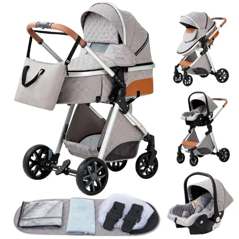 Poussette Bébé 3 en 1 Pliable Aluminium – Haute Vue, Nacelle & Siège, Voyage Compact | Nouveau-Né & Nourrisson