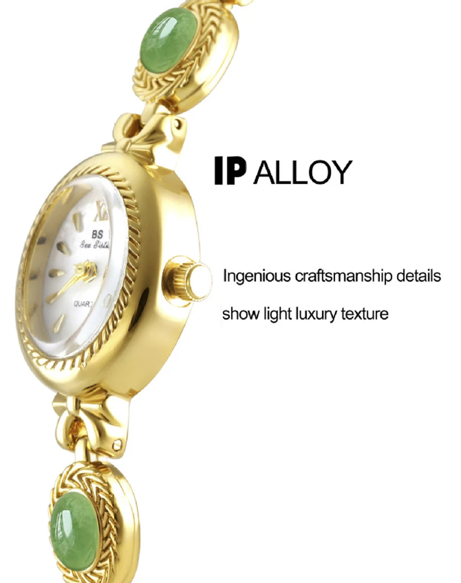 Montre Femme Luxe Jade Bracelet Quartz Dorée – Élégante Fashion Cadeau Idéal