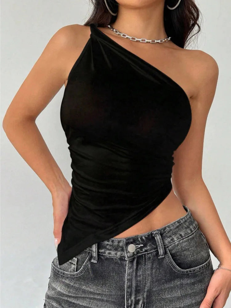 Top Femme T-Shirt Épaule Dénudée Asymmétrique Slim Fit Uni Casual – Haut Tendance Col Original Élégant | Mode 2025