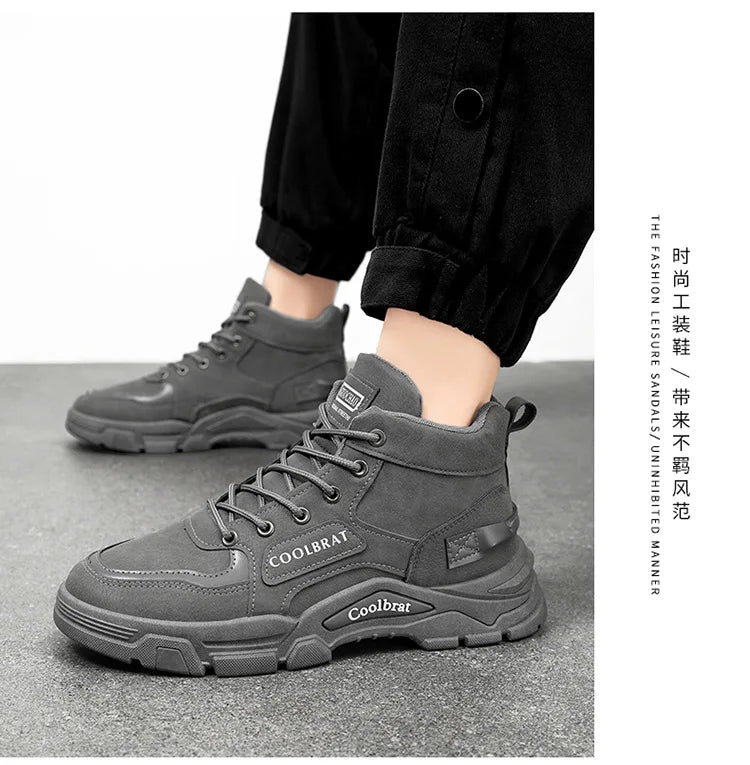 Boots Moto High Top Homme Plateforme 2026 – Noir Lacets Cuir Chaud Outdoor Bota