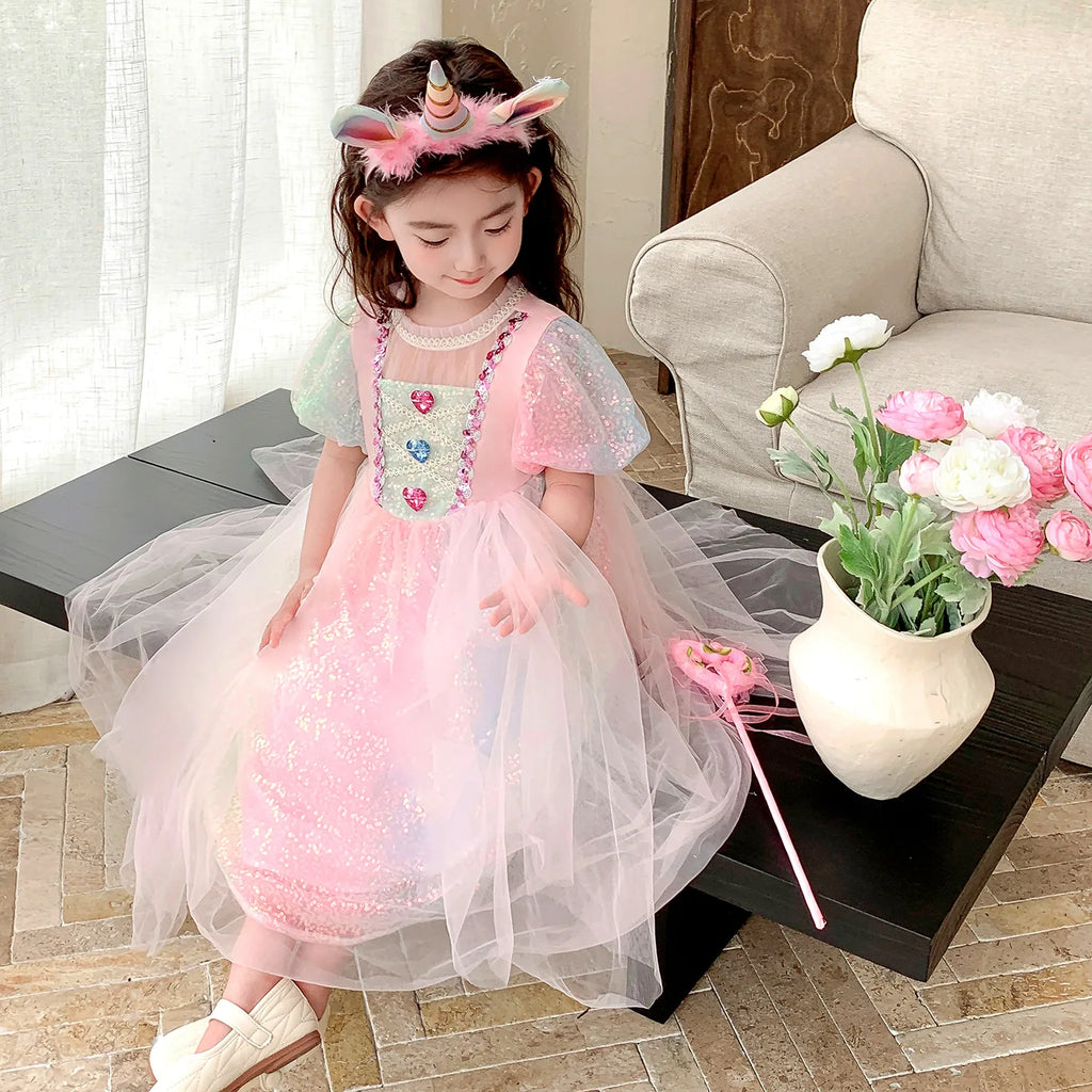Meerjungfrau Prinzessin Kleid Mädchen Pailletten Perlen Puffärmel – Faschingskostüm Halloween Cosplay