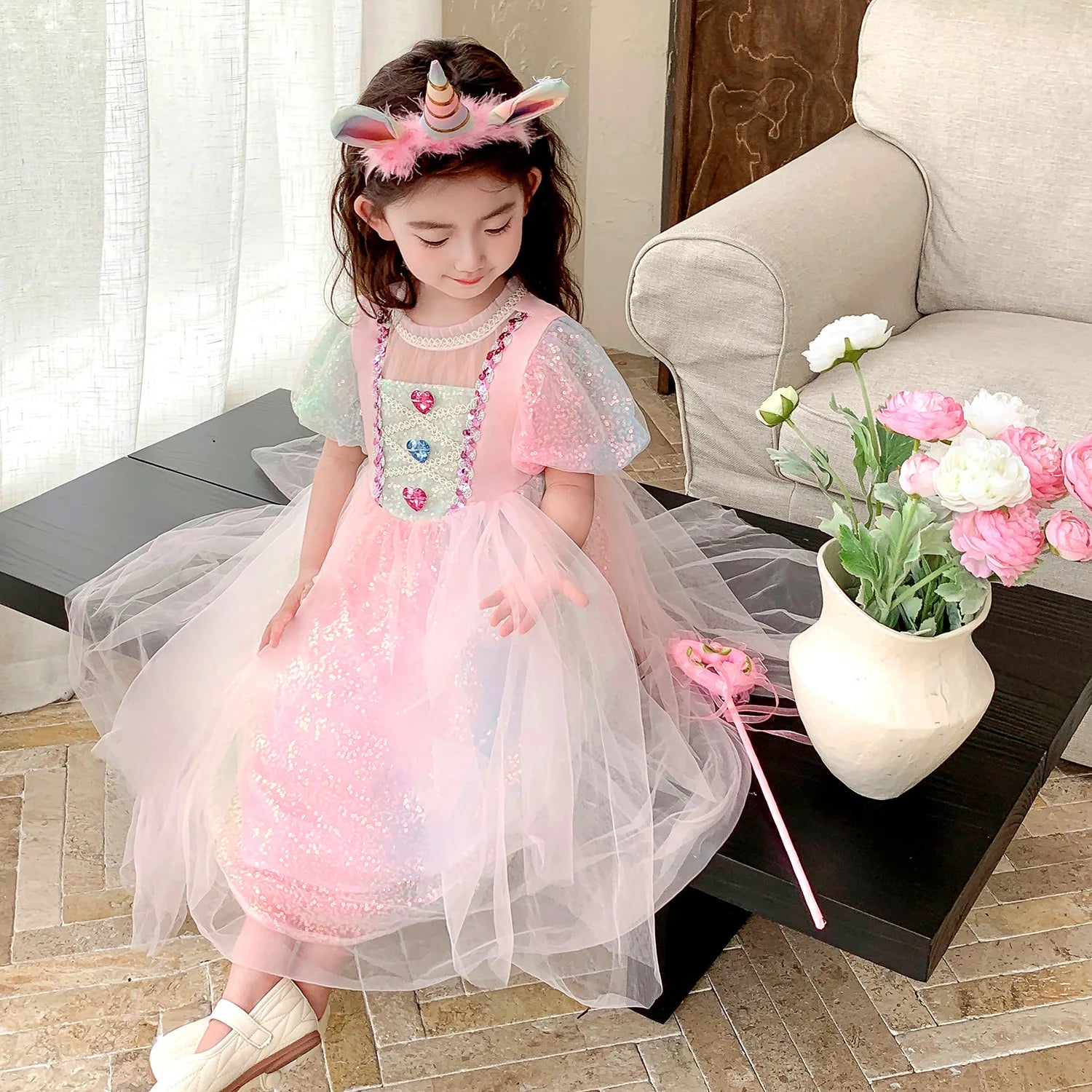 Meerjungfrau Prinzessin Kleid Mädchen Pailletten Perlen Puffärmel – Faschingskostüm Halloween Cosplay