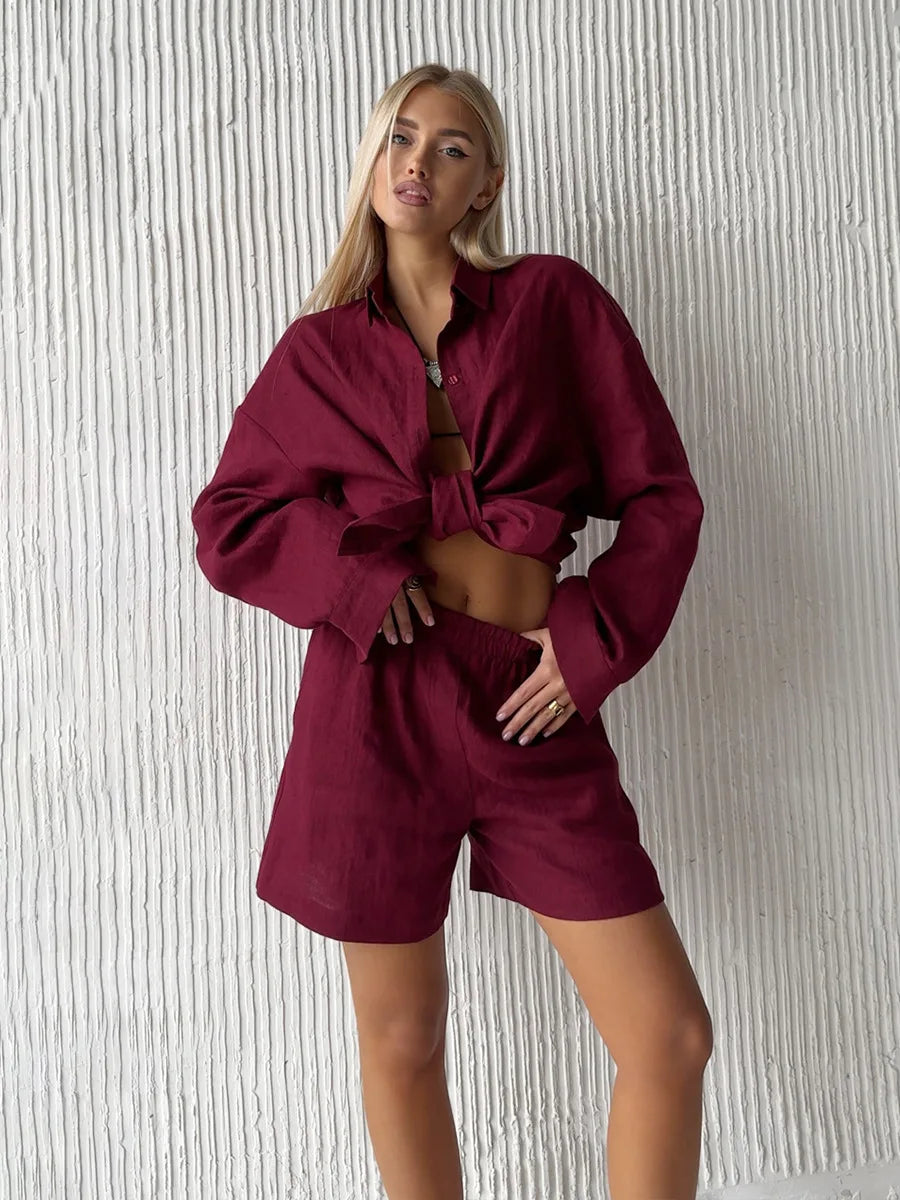 Damen-Zweiteiler aus Baumwolle, legeres Reverskragenhemd mit langen Ärmeln und Hose mit elastischem Bund, einfarbig, bequem – Sommer-Outfit | Bornladies